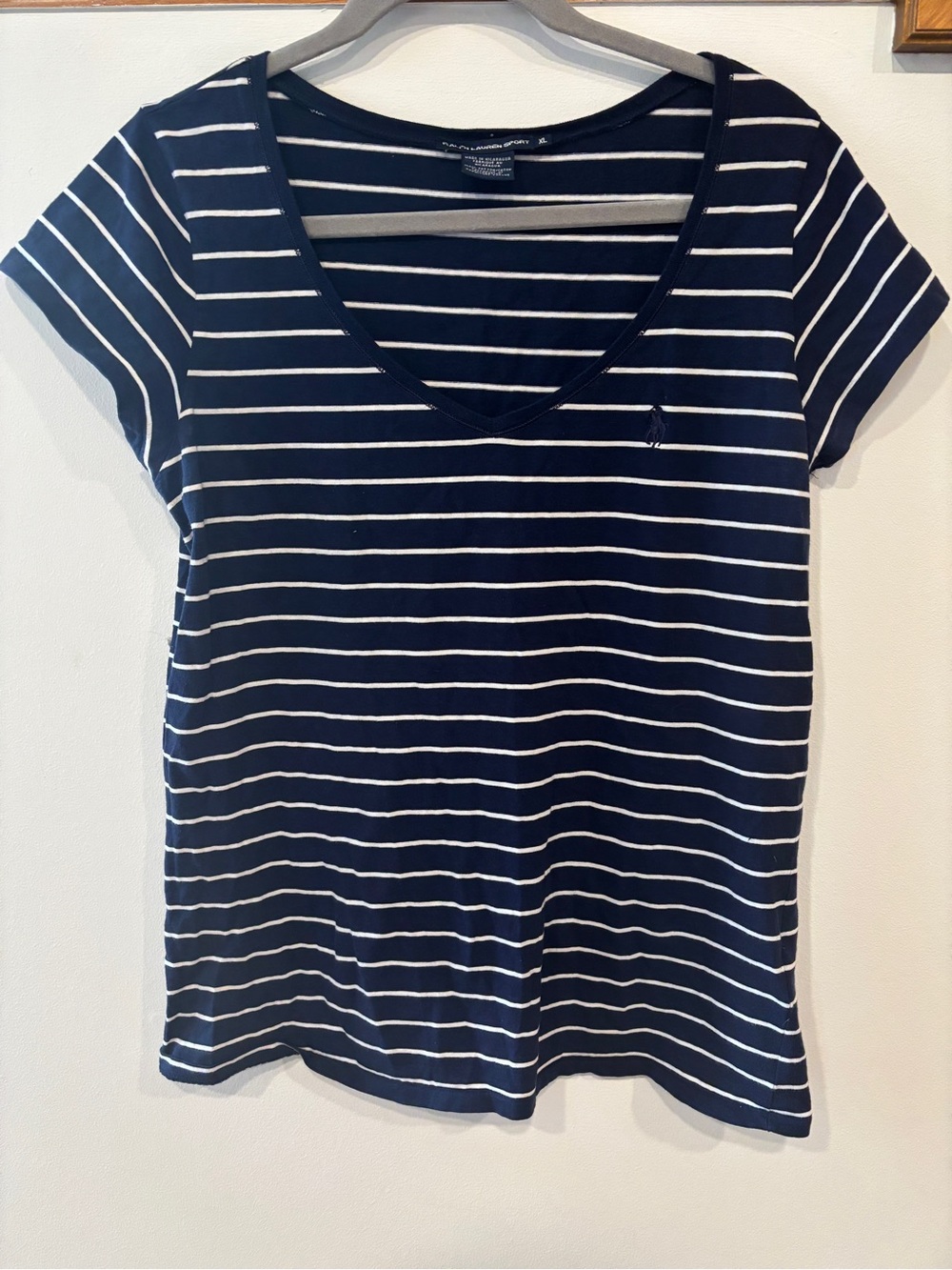 Ralph Lauren Sport 100% Cotton V-Neck Tee  Navy and White Striped - Women’s XL